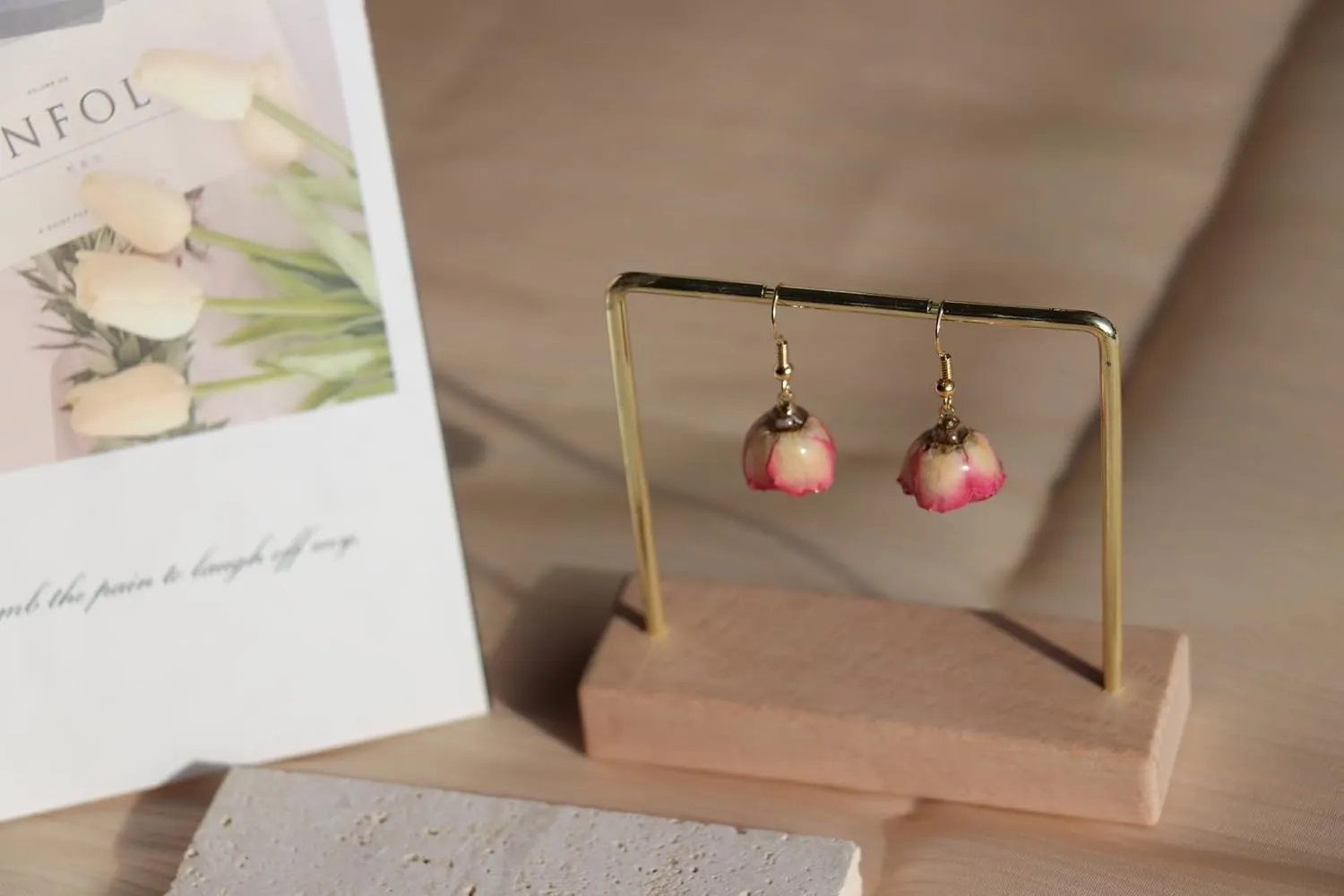 Handmade Preserved Real Rose Drop Earrings, Pink and White, Gold-Toned Hook, Romantic Floral JewelryPink flower earringscutesummer earings hoop earrings | Handmade Lightweight Preserved Roses Jewelry | Uniqueflower earrings for women