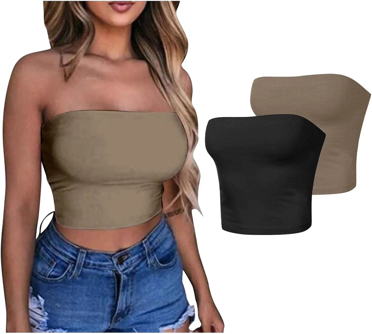 HGps8w 2 Pack Women's Tube Crop Tops Strapless Cute Basic Solid Sleeveless Stretchy Seamless Bandeau Shirts