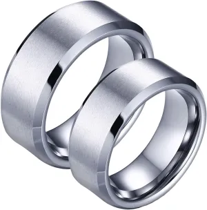 His and Hers Matching Rings Sets, Couple Rings Set Promise Rings Tungsten Comfort Fit 8mm Silver Brushed Ring Beveled Edge