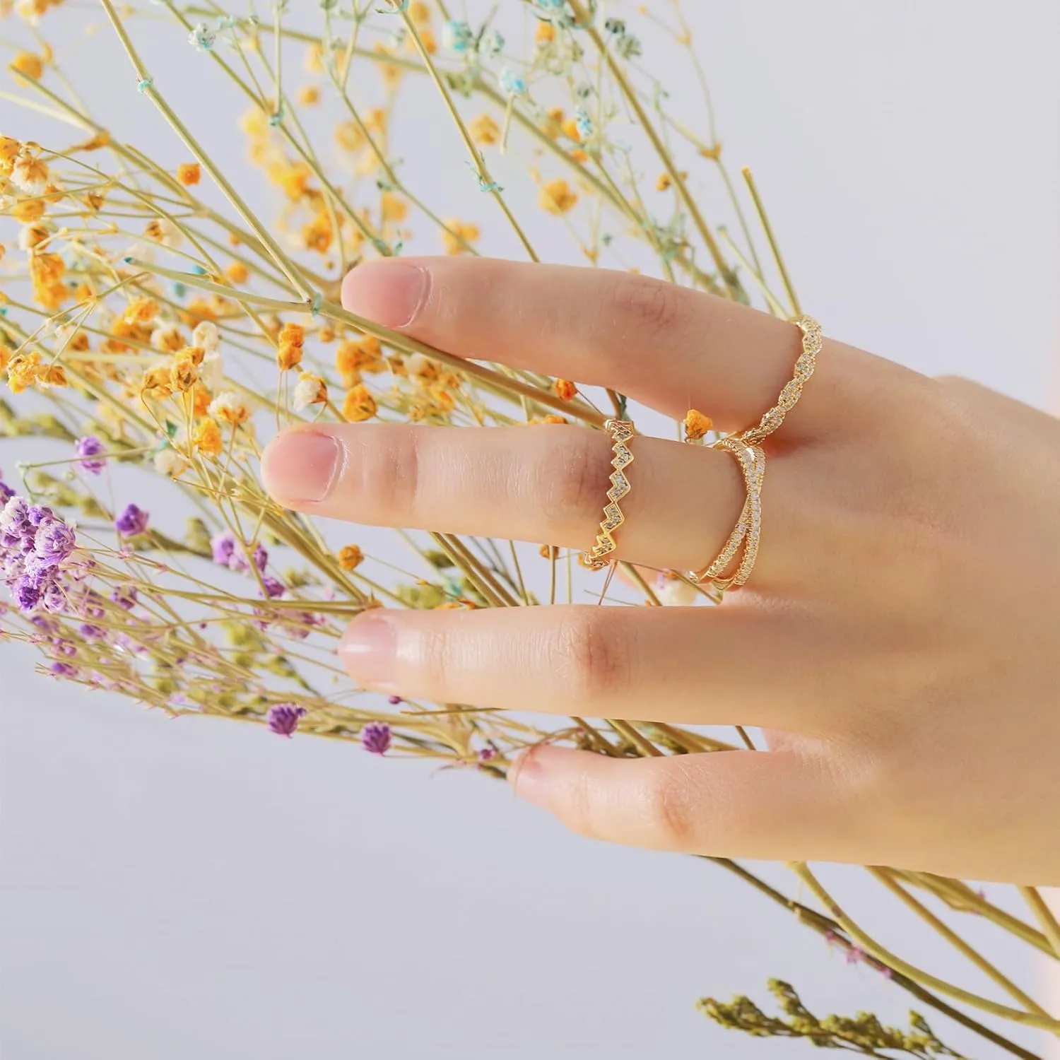 Honsny 3PCS Gold Rings for Women, Silver Stackable Thumb Rings Non Tarnish Thin Cubic Zirconia Dainty Ring Set Eternity Wedding Bands Aesthetic Jewelry Size 5-11
