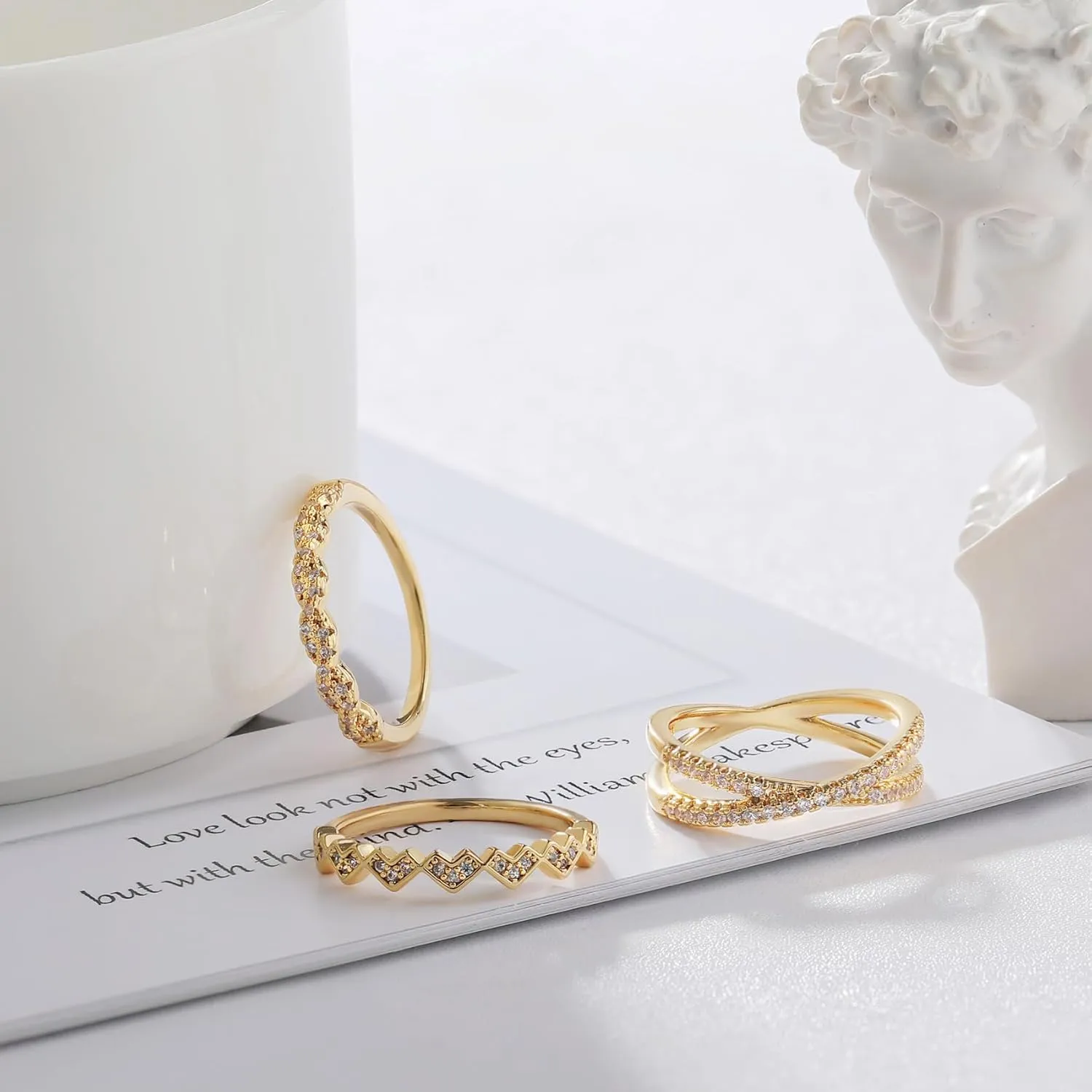 Honsny 3PCS Gold Rings for Women, Silver Stackable Thumb Rings Non Tarnish Thin Cubic Zirconia Dainty Ring Set Eternity Wedding Bands Aesthetic Jewelry Size 5-11