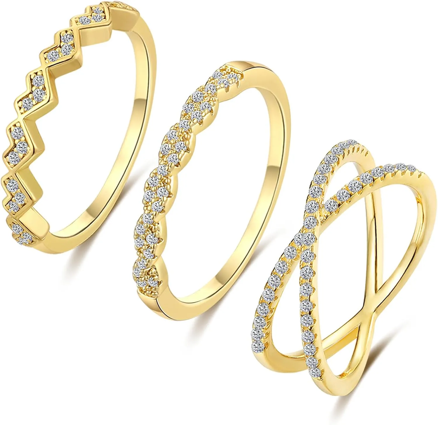 Honsny 3PCS Gold Rings for Women, Silver Stackable Thumb Rings Non Tarnish Thin Cubic Zirconia Dainty Ring Set Eternity Wedding Bands Aesthetic Jewelry Size 5-11