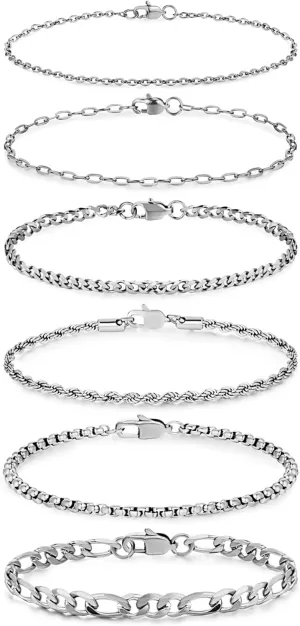 Honsny 6PCS Stainless Steel Bracelets for Women Men,14K Gold Plated Cuban Link Paperclip Chain Bracelet Dainty 6.3/7/7.8/9.5 Inch Stainless Steel Bracelet Set Fashion Jewelry