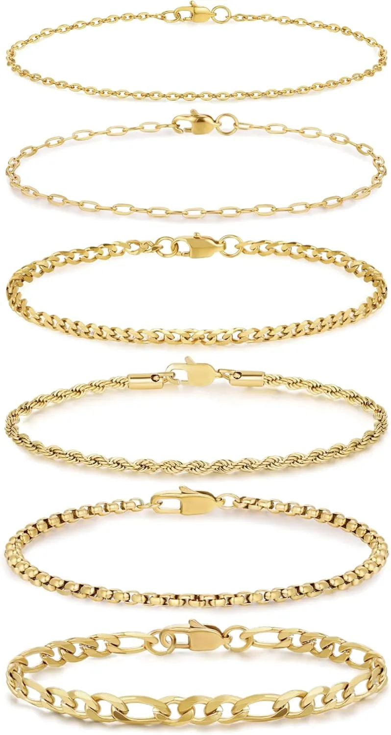 Honsny 6PCS Stainless Steel Bracelets for Women Men,14K Gold Plated Cuban Link Paperclip Chain Bracelet Dainty 6.3/7/7.8/9.5 Inch Stainless Steel Bracelet Set Fashion Jewelry