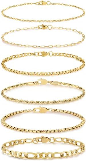 Honsny 6PCS Stainless Steel Bracelets for Women Men,14K Gold Plated Cuban Link Paperclip Chain Bracelet Dainty 6.3/7/7.8/9.5 Inch Stainless Steel Bracelet Set Fashion Jewelry