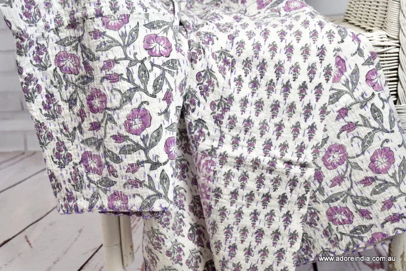 Indian Handmade Purple Hand Block Patchwork Reversible Kantha Quilt
