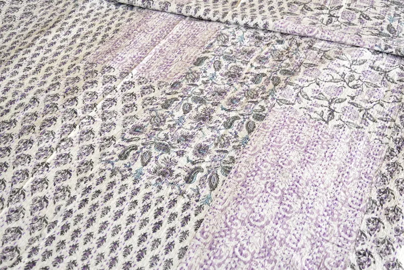 Indian Handmade Purple Hand Block Patchwork Reversible Kantha Quilt
