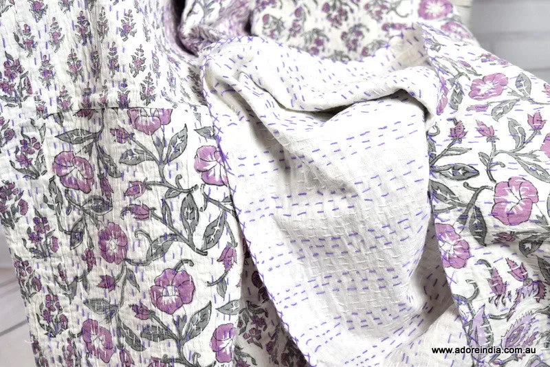 Indian Handmade Purple Hand Block Patchwork Reversible Kantha Quilt