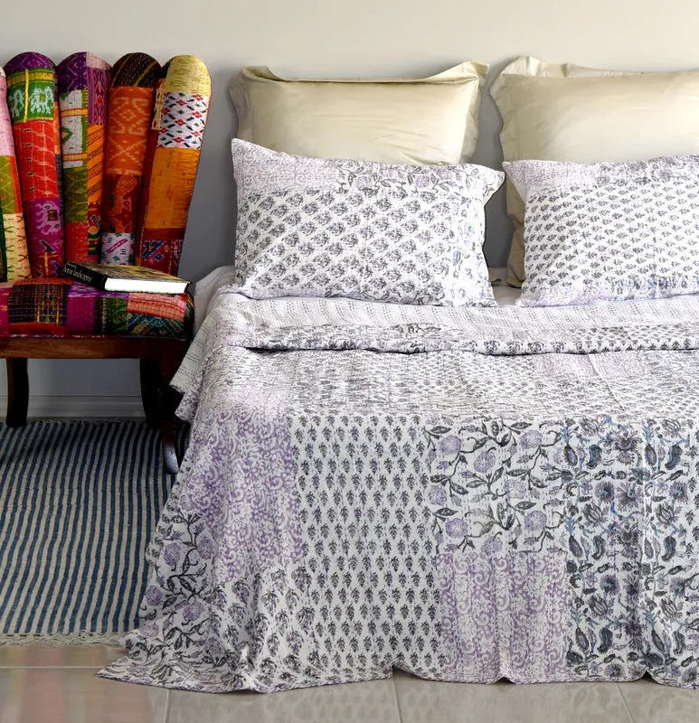 Indian Handmade Purple Hand Block Patchwork Reversible Kantha Quilt