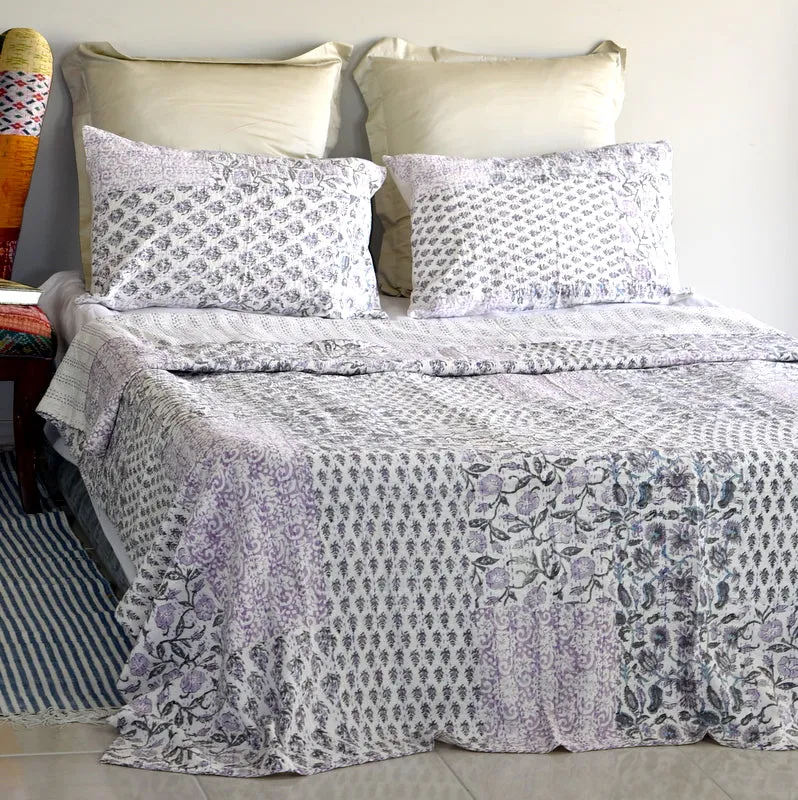 Indian Handmade Purple Hand Block Patchwork Reversible Kantha Quilt