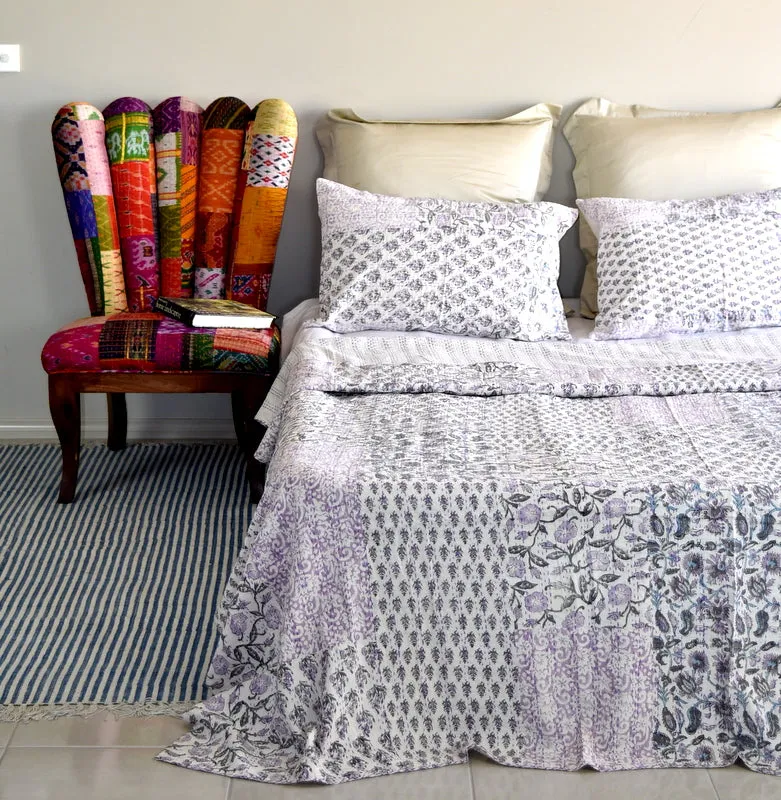 Indian Handmade Purple Hand Block Patchwork Reversible Kantha Quilt