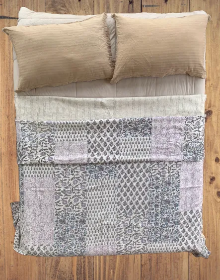 Indian Handmade Purple Hand Block Patchwork Reversible Kantha Quilt
