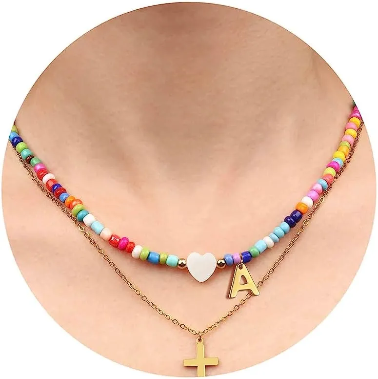 Initial Beaded Necklaces for Women Colorful Bead Letter Chocker Necklace Boho Summer Beach Necklaces18K Gold Plated Cross Necklaces Jewelry Gift