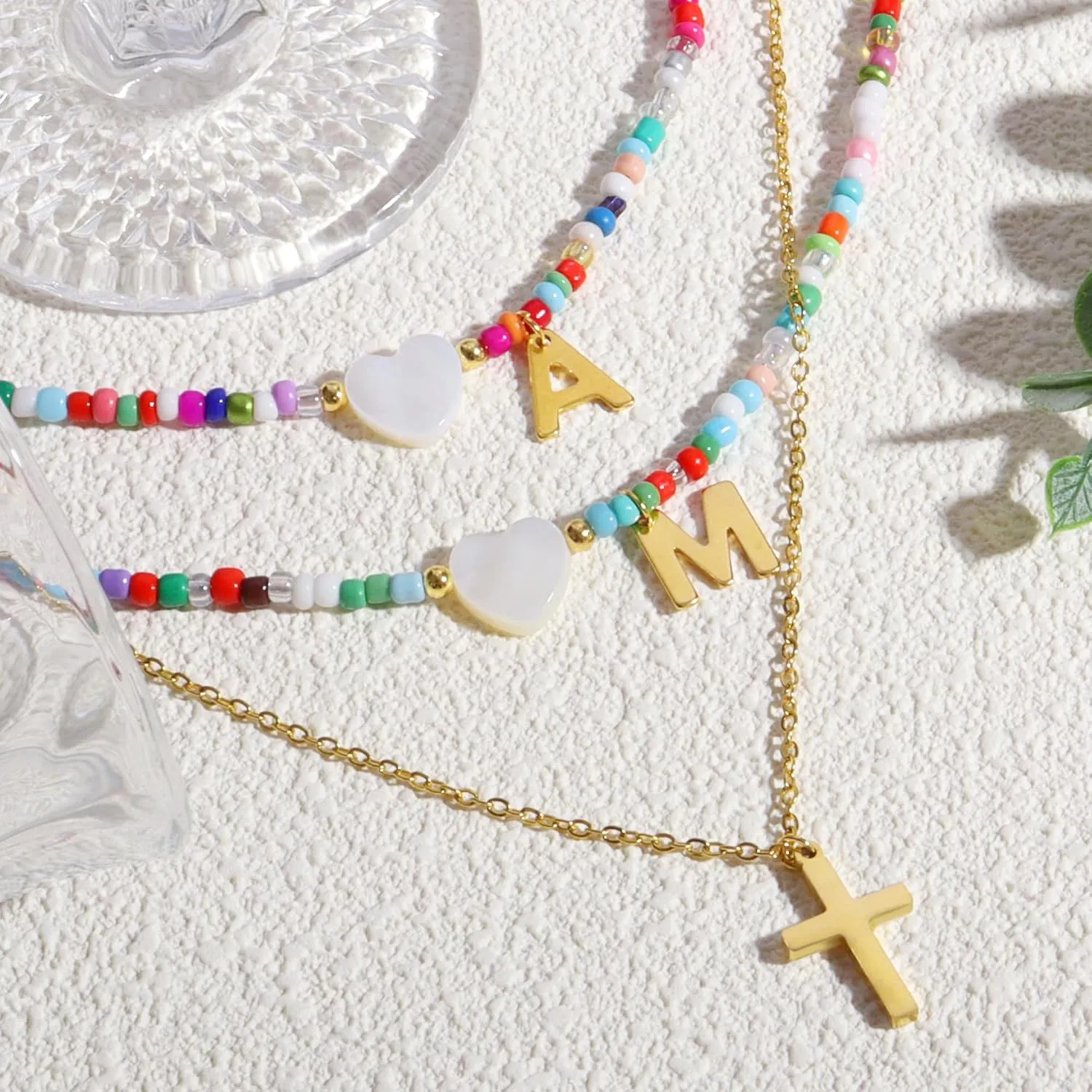 Initial Beaded Necklaces for Women Colorful Bead Letter Chocker Necklace Boho Summer Beach Necklaces18K Gold Plated Cross Necklaces Jewelry Gift