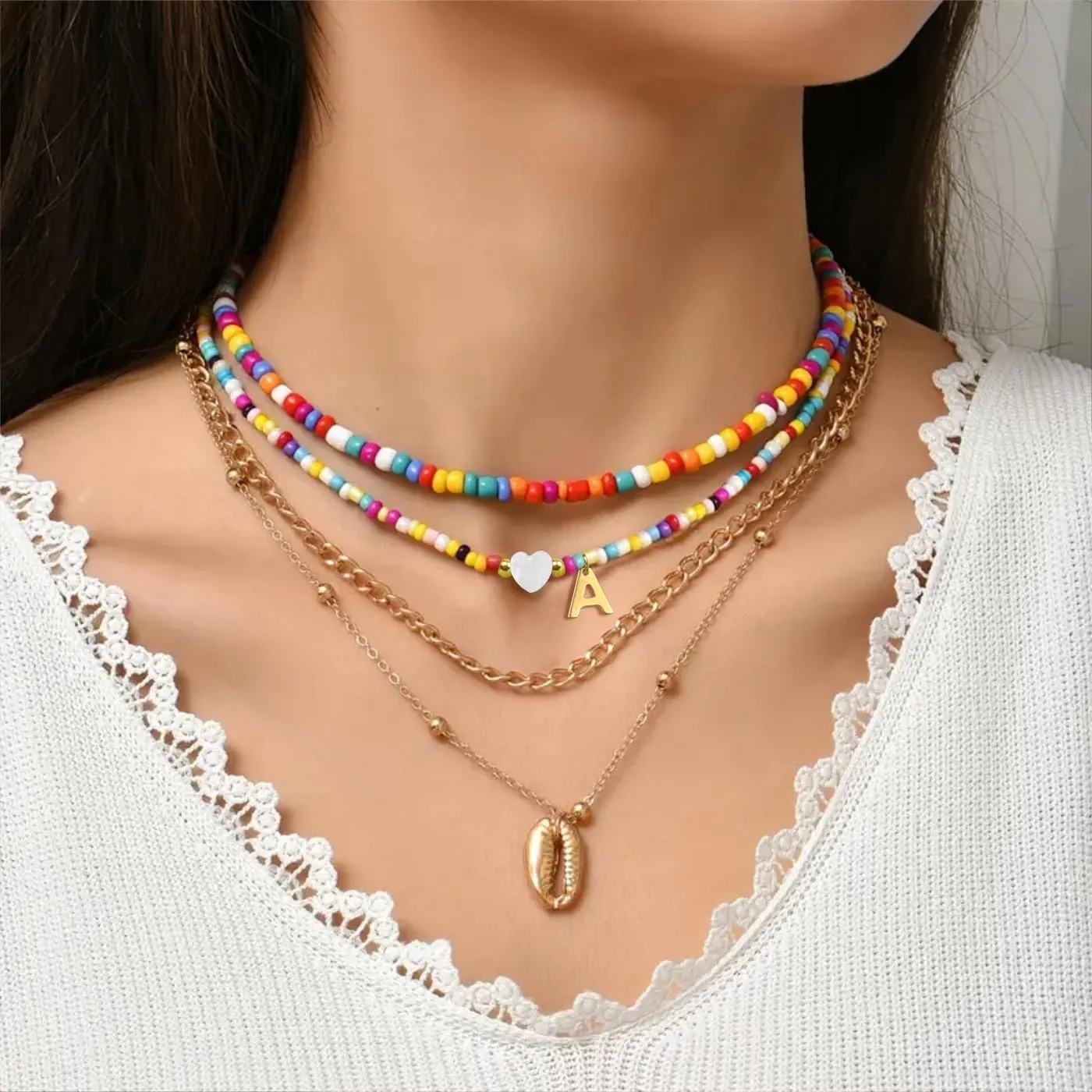 Initial Beaded Necklaces for Women Colorful Bead Letter Chocker Necklace Boho Summer Beach Necklaces18K Gold Plated Cross Necklaces Jewelry Gift