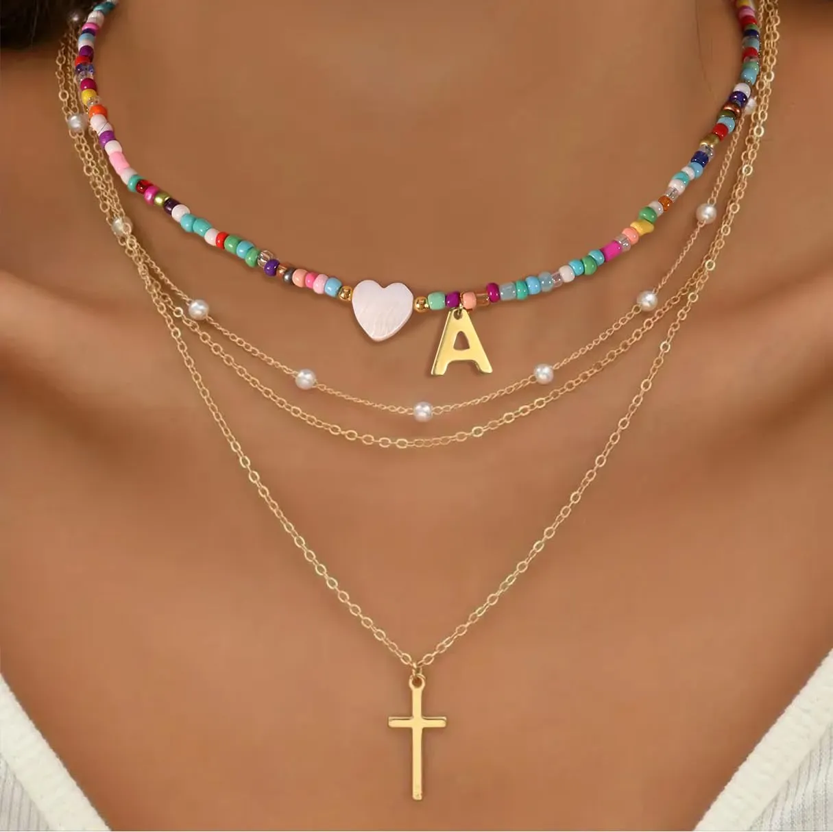 Initial Beaded Necklaces for Women Colorful Bead Letter Chocker Necklace Boho Summer Beach Necklaces18K Gold Plated Cross Necklaces Jewelry Gift