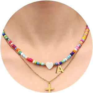 Initial Beaded Necklaces for Women Colorful Bead Letter Chocker Necklace Boho Summer Beach Necklaces18K Gold Plated Cross Necklaces Jewelry Gift
