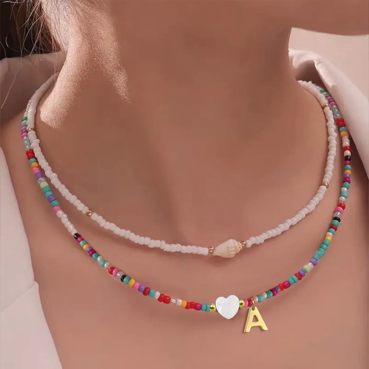 Initial Beaded Necklaces for Women Colorful Bead Letter Chocker Necklace Boho Summer Beach Necklaces18K Gold Plated Cross Necklaces Jewelry Gift
