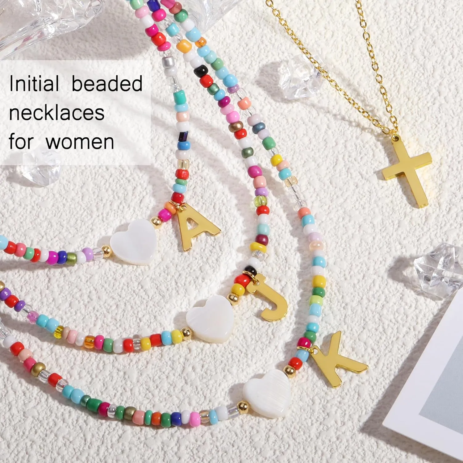 Initial Beaded Necklaces for Women Colorful Bead Letter Chocker Necklace Boho Summer Beach Necklaces18K Gold Plated Cross Necklaces Jewelry Gift