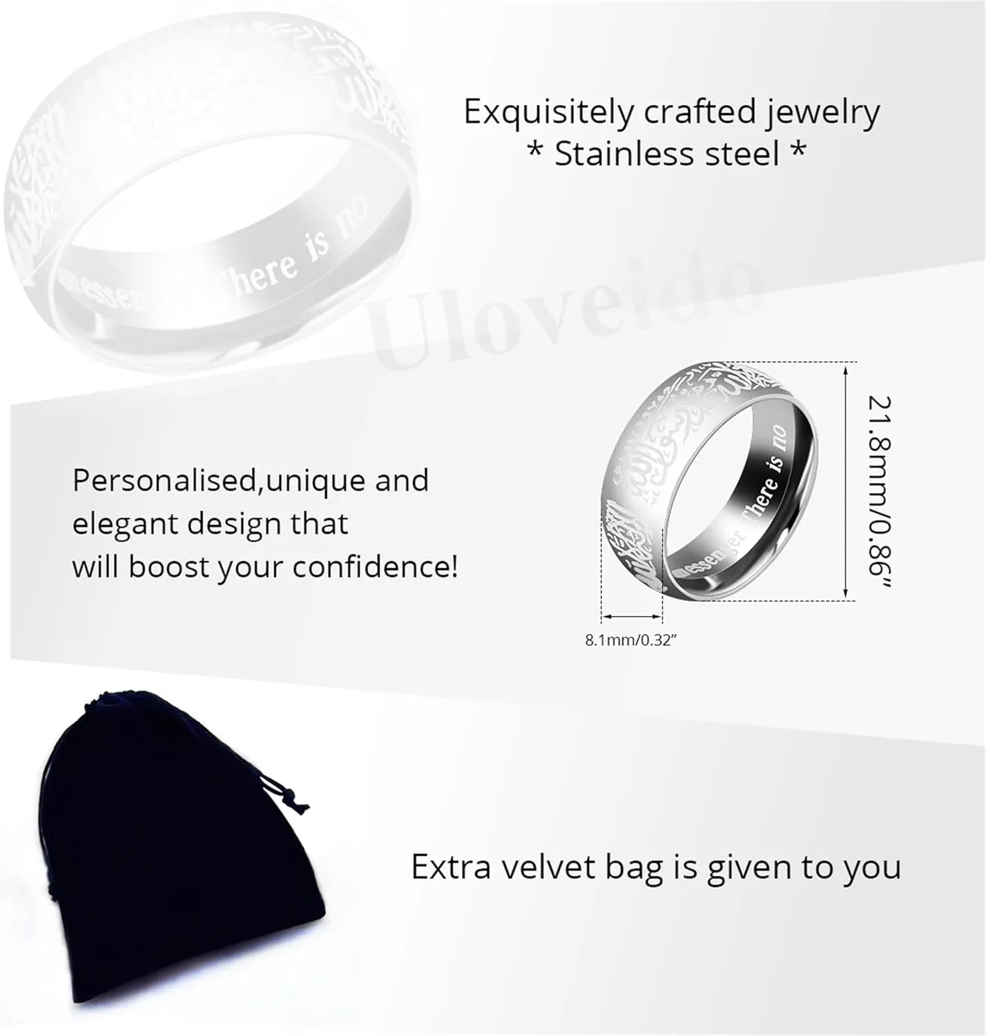 Islamic Engraved Ring with Arabic Inscription | Elegant Faith Symbol Jewelry | Stainless Steel 8mm Wide Band Religious Allah Rings for Men and Women
