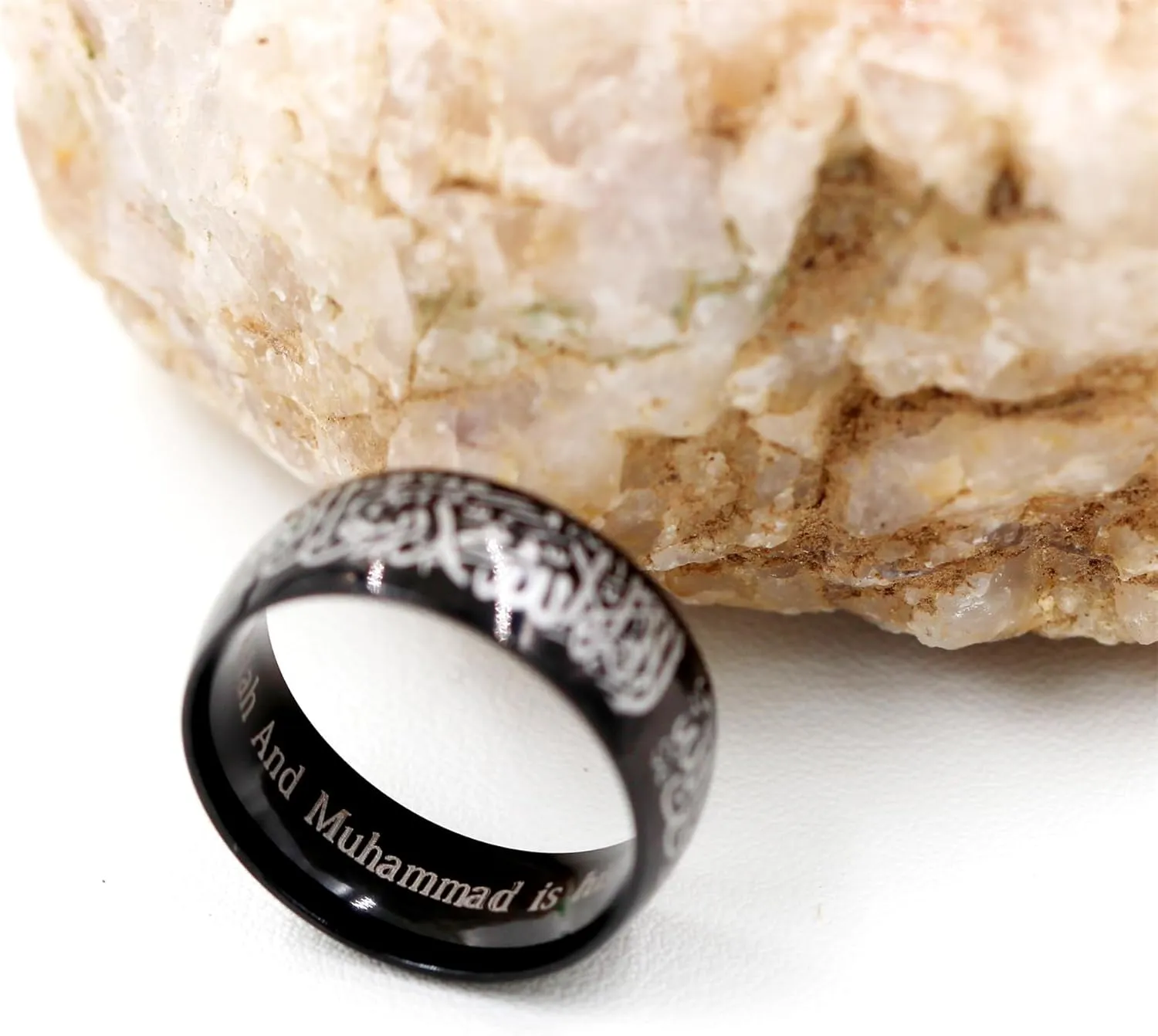 Islamic Engraved Ring with Arabic Inscription | Elegant Faith Symbol Jewelry | Stainless Steel 8mm Wide Band Religious Allah Rings for Men and Women