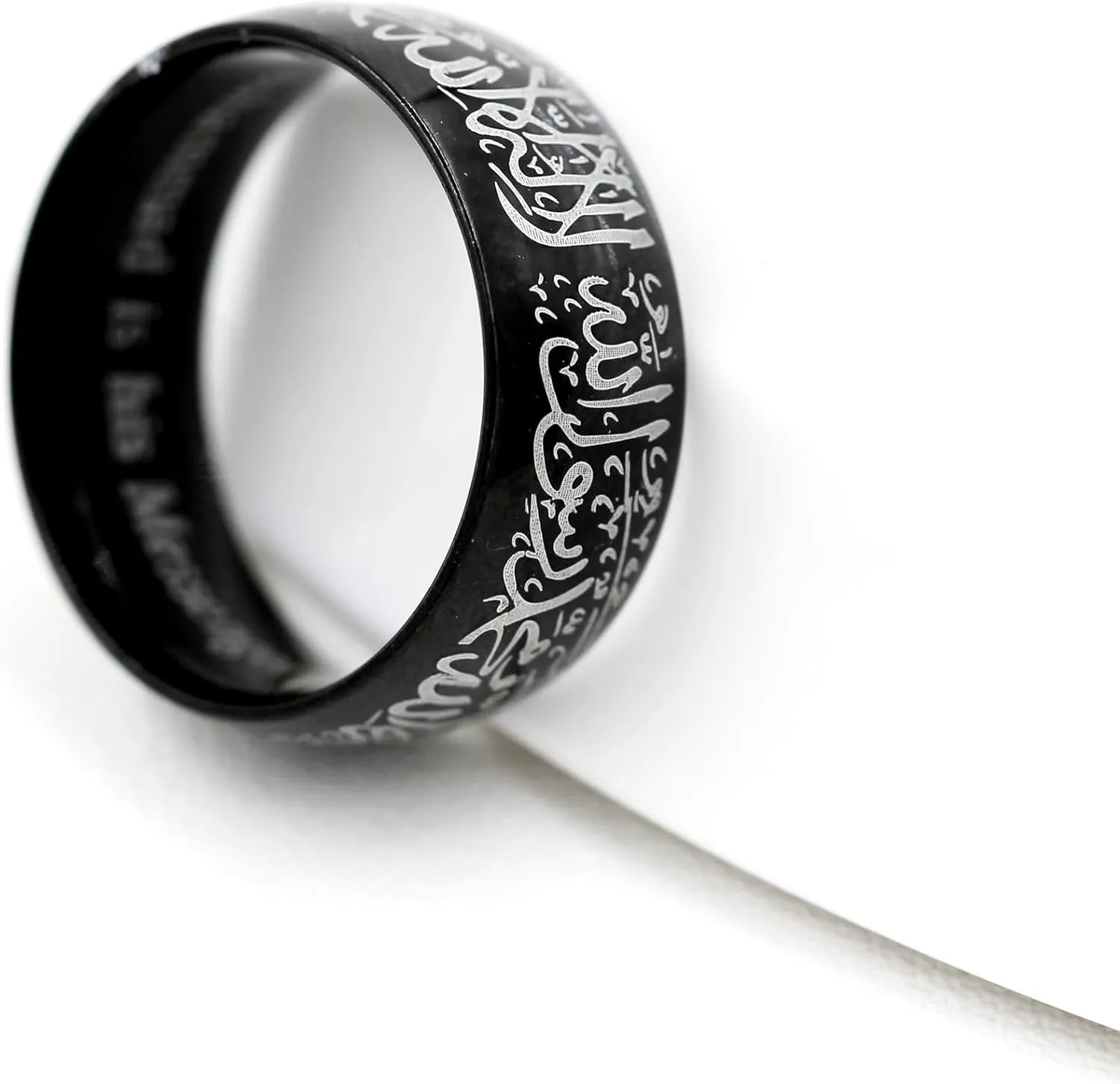 Islamic Engraved Ring with Arabic Inscription | Elegant Faith Symbol Jewelry | Stainless Steel 8mm Wide Band Religious Allah Rings for Men and Women