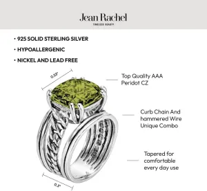 JEAN RACHEL JEWELRY 925 Sterling Silver Ring - Curb Chain Vintage Design with Cushion Shaped Cubic Zirconia - Hypoallergenic, Lead & Nickel Free - Artisan Handcrafted Statement Rings for Women