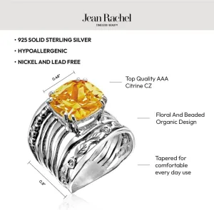 JEAN RACHEL JEWELRY 925 Sterling Silver Ring with 12mm Cushion Shaped Cubic Zirconia Vintage Design - Hypoallergenic, Lead & Nickel Free - Artisan Handcrafted Statement Rings for Women