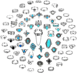 JOERICA 75 Pcs Vintage Turquoise Rings for Women Silver Knuckle Rings Bohemian Oval Gemstone Rings Western Rings Stackable Joint Finger Rings Midi Stacking Rings Set