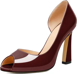 Joseywade Peep Toe High Heels for Women Stiletto Heel Pumps Slip-On Open Toe 4 Inch Flare Heel Dress Shoes