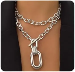 Jumwrit Layered Necklaces Chunky Chain Toggle Necklaces Statement Choker Necklaces Punk Carabiner Necklace for Women Girls
