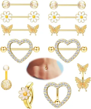 Kakonia 12 Pcs 14G Nipple Piercing Jewelry - Surgical Steel Nipple Rings Belly Rings for Women,Dainty Butterfly Belly Button Ring Heart Nipple Piercing Jewelry Set Cute Flower CZ Nipple Ring Barbells Body Piercing Jewelry