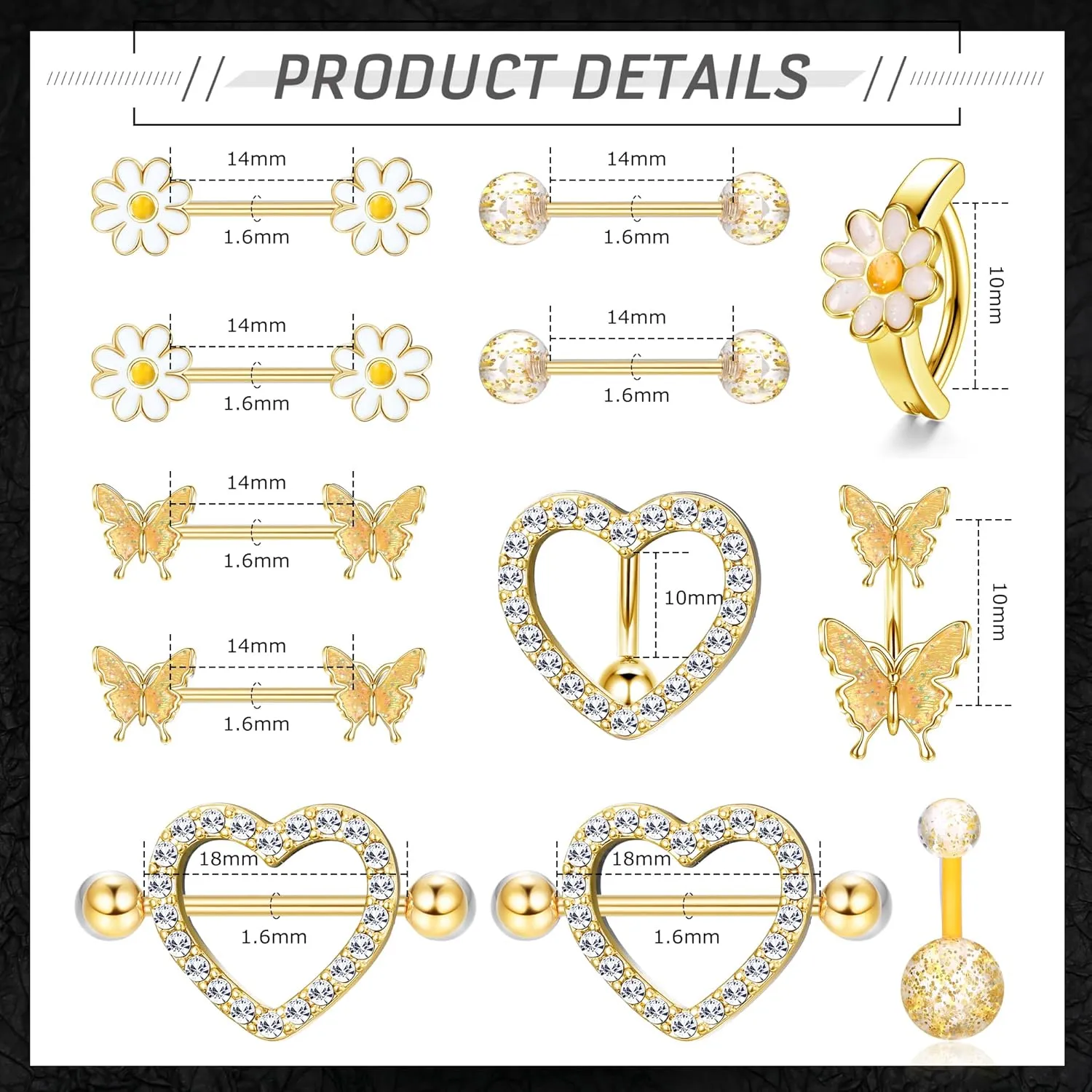 Kakonia 12 Pcs 14G Nipple Piercing Jewelry - Surgical Steel Nipple Rings Belly Rings for Women,Dainty Butterfly Belly Button Ring Heart Nipple Piercing Jewelry Set Cute Flower CZ Nipple Ring Barbells Body Piercing Jewelry