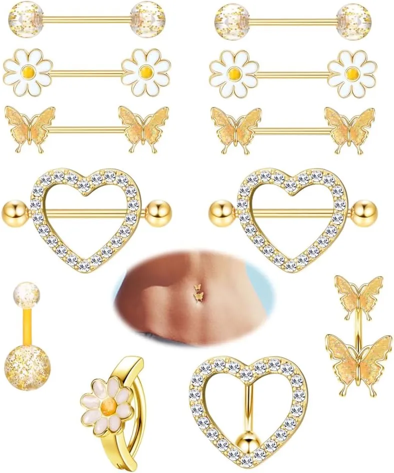 Kakonia 12 Pcs 14G Nipple Piercing Jewelry - Surgical Steel Nipple Rings Belly Rings for Women,Dainty Butterfly Belly Button Ring Heart Nipple Piercing Jewelry Set Cute Flower CZ Nipple Ring Barbells Body Piercing Jewelry