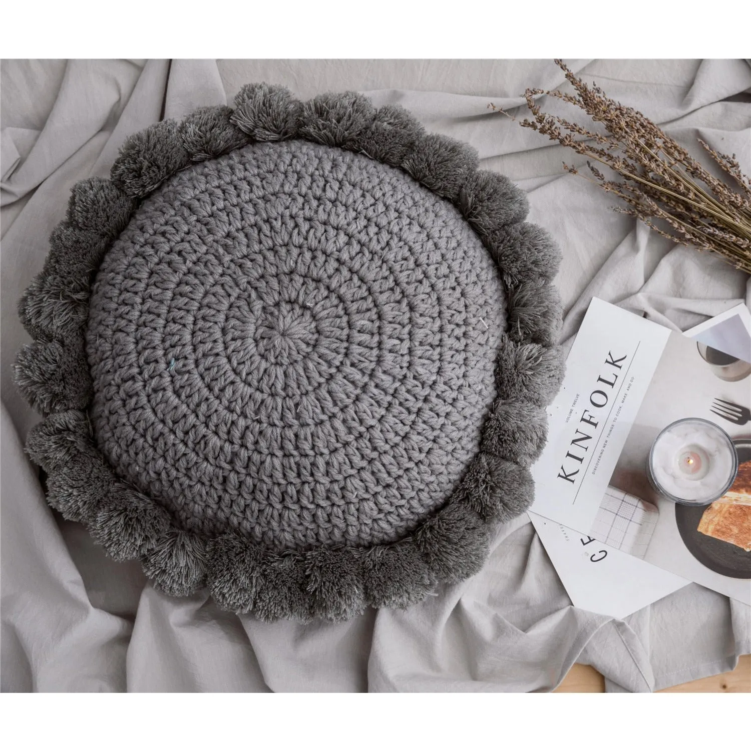 Knitted Sunflower Pompoms Pillow