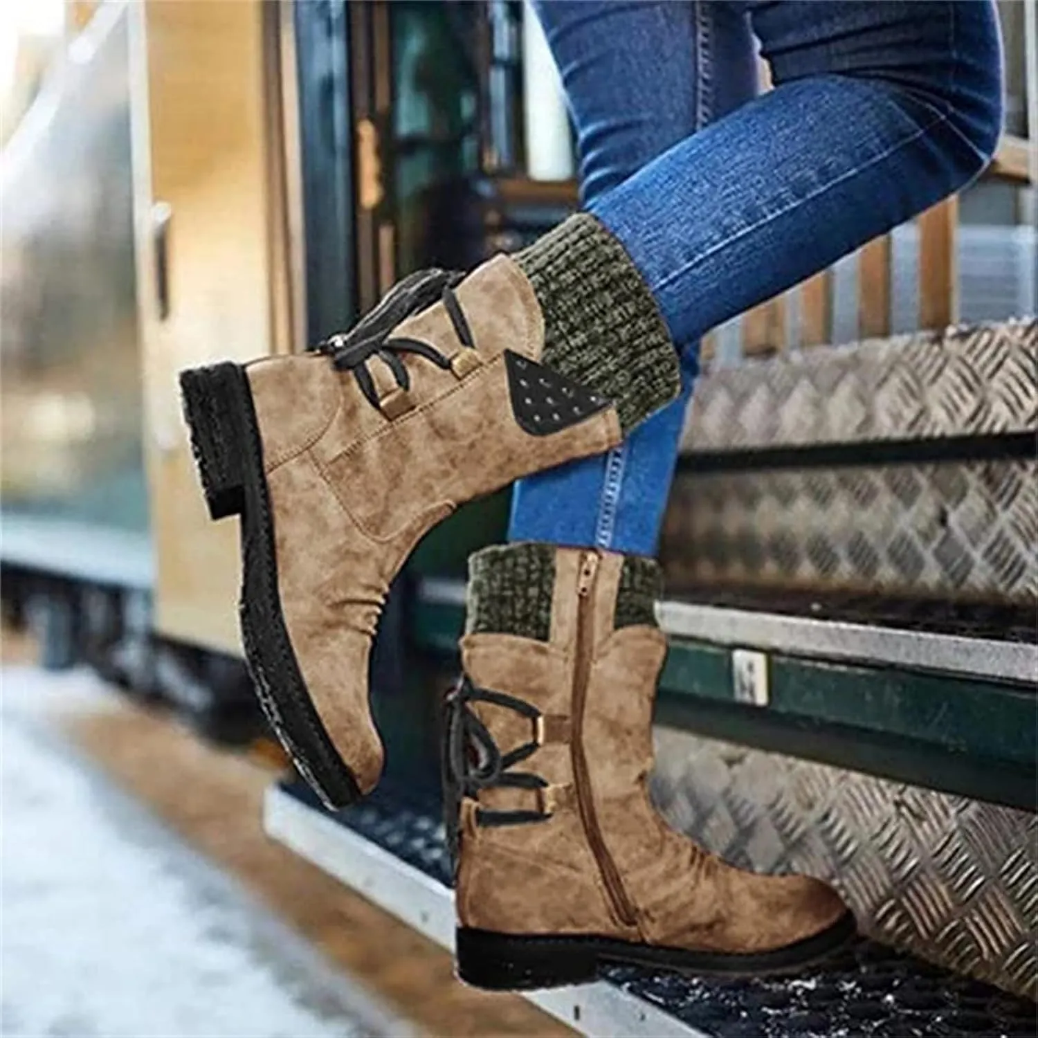 Ladmiple Boots For Women 2024 Low Heel Combat Boots Side Zipper Mid Calf Motorcycle Riding Military Biker Boots Ankle Booties