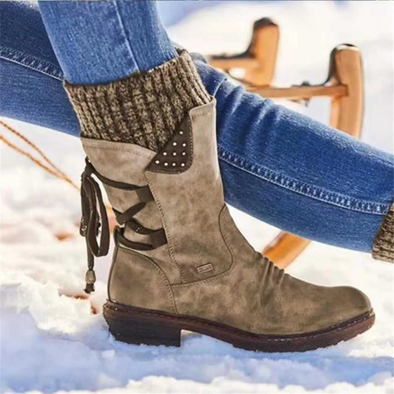 Ladmiple Boots For Women 2024 Low Heel Combat Boots Side Zipper Mid Calf Motorcycle Riding Military Biker Boots Ankle Booties
