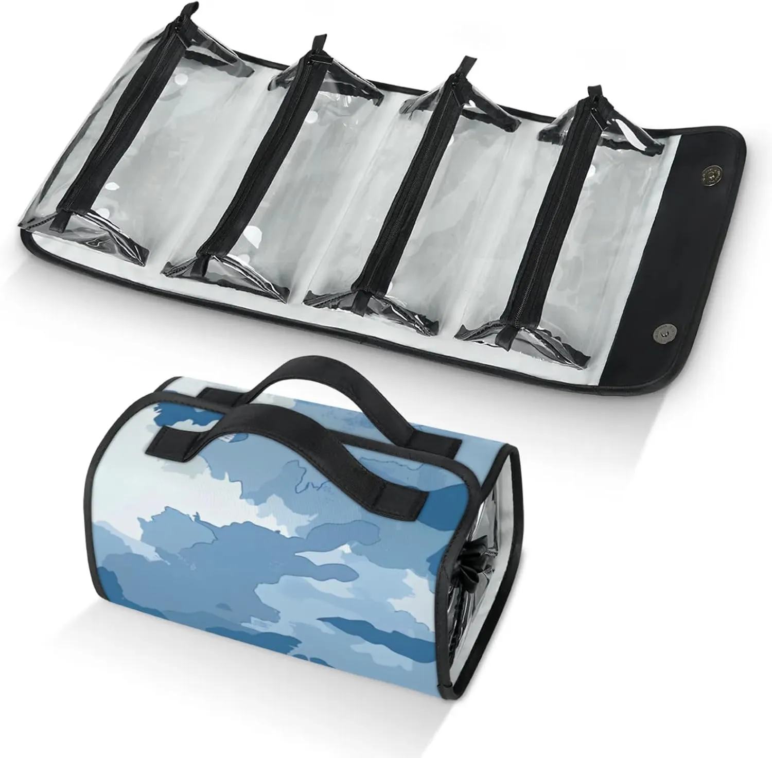 Large Capacity 4-in-1 Hanging Travel Toiletry Bag Storage Organizer With 4 Detachable Removable Zipper Clear Pouches Blue Camouflage