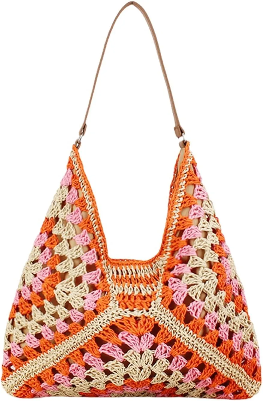 Large Capacity Woven Bag 2024 All-match Fashion Paper Rope Woven Bag Holiday Commuter Bag(Red)
