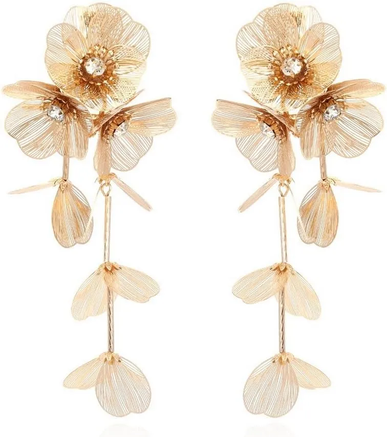 Large Long Gold Plated Flower Tassel Drop Dangle Earrings for Women Unisex Exaggerated Statement Floral Metal Boho Earrings Trendy Fashion Plant Earrings Chic Jewelry
