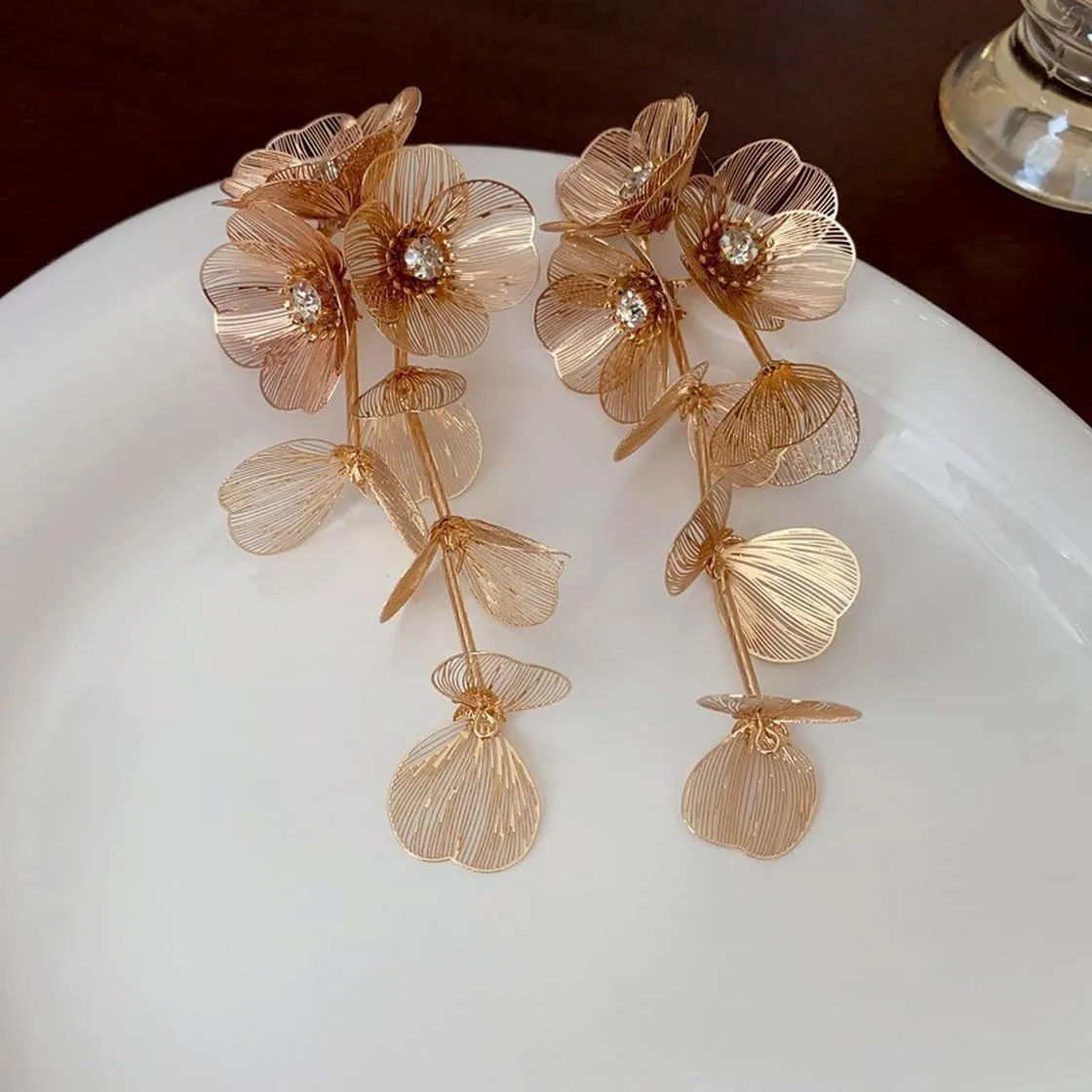 Large Long Gold Plated Flower Tassel Drop Dangle Earrings for Women Unisex Exaggerated Statement Floral Metal Boho Earrings Trendy Fashion Plant Earrings Chic Jewelry