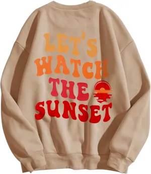 Lauweion Womens Oversized Graphic Sweatshirt Teen Girls Baggy Watch Sunset Letter Print Vintage Pullover Shirt