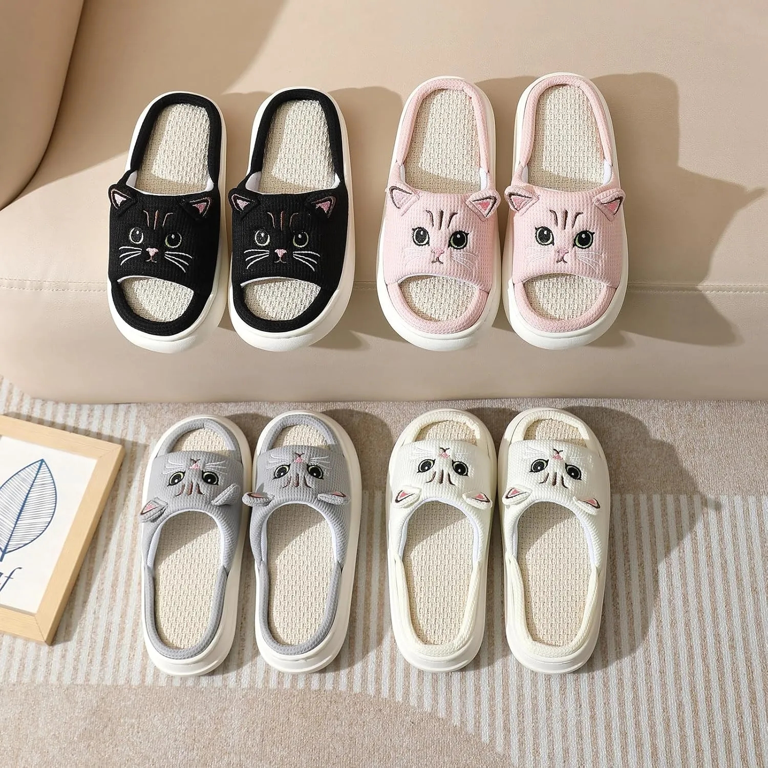 LAVAU Cute Cat Slippers for Women, Fuzzy Fluffy Faux Fur Animal House Slides for Indoor and Outdoor Shoes
