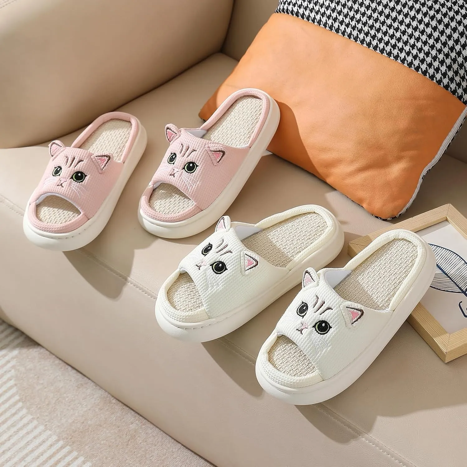 LAVAU Cute Cat Slippers for Women, Fuzzy Fluffy Faux Fur Animal House Slides for Indoor and Outdoor Shoes