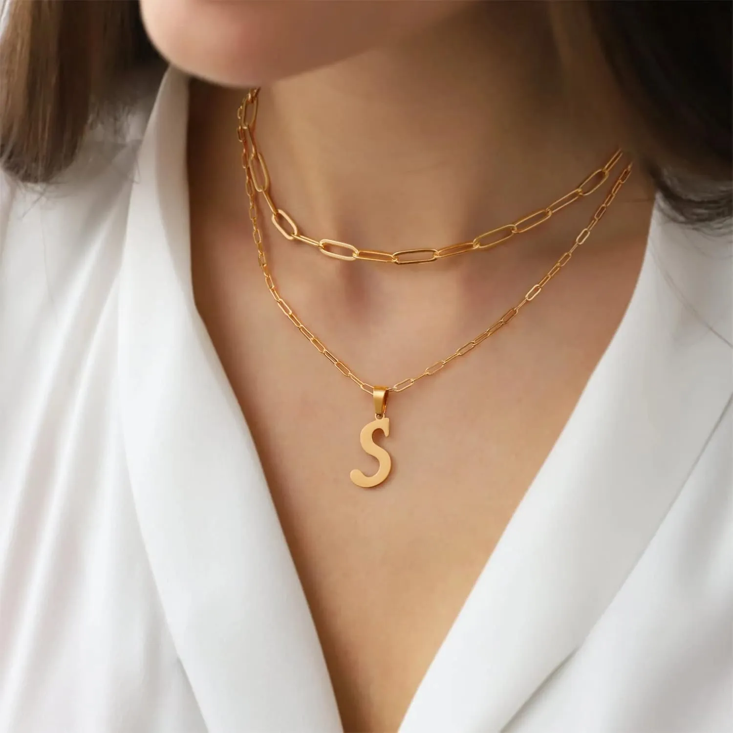 Layered Gold Initial Necklaces for Women, 14K Gold Plated Paperclip Link Chain Necklace for Women Gold Simple Square Letter Pendant Necklace for Women Gold Layered Necklaces for Women Jewelry