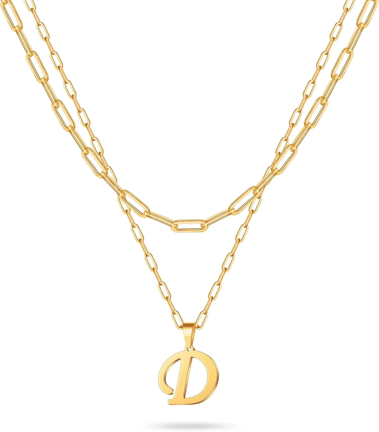 Layered Gold Initial Necklaces for Women, 14K Gold Plated Paperclip Link Chain Necklace for Women Gold Simple Square Letter Pendant Necklace for Women Gold Layered Necklaces for Women Jewelry