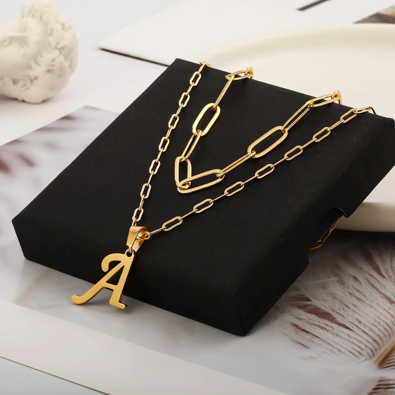 Layered Gold Initial Necklaces for Women, 14K Gold Plated Paperclip Link Chain Necklace for Women Gold Simple Square Letter Pendant Necklace for Women Gold Layered Necklaces for Women Jewelry