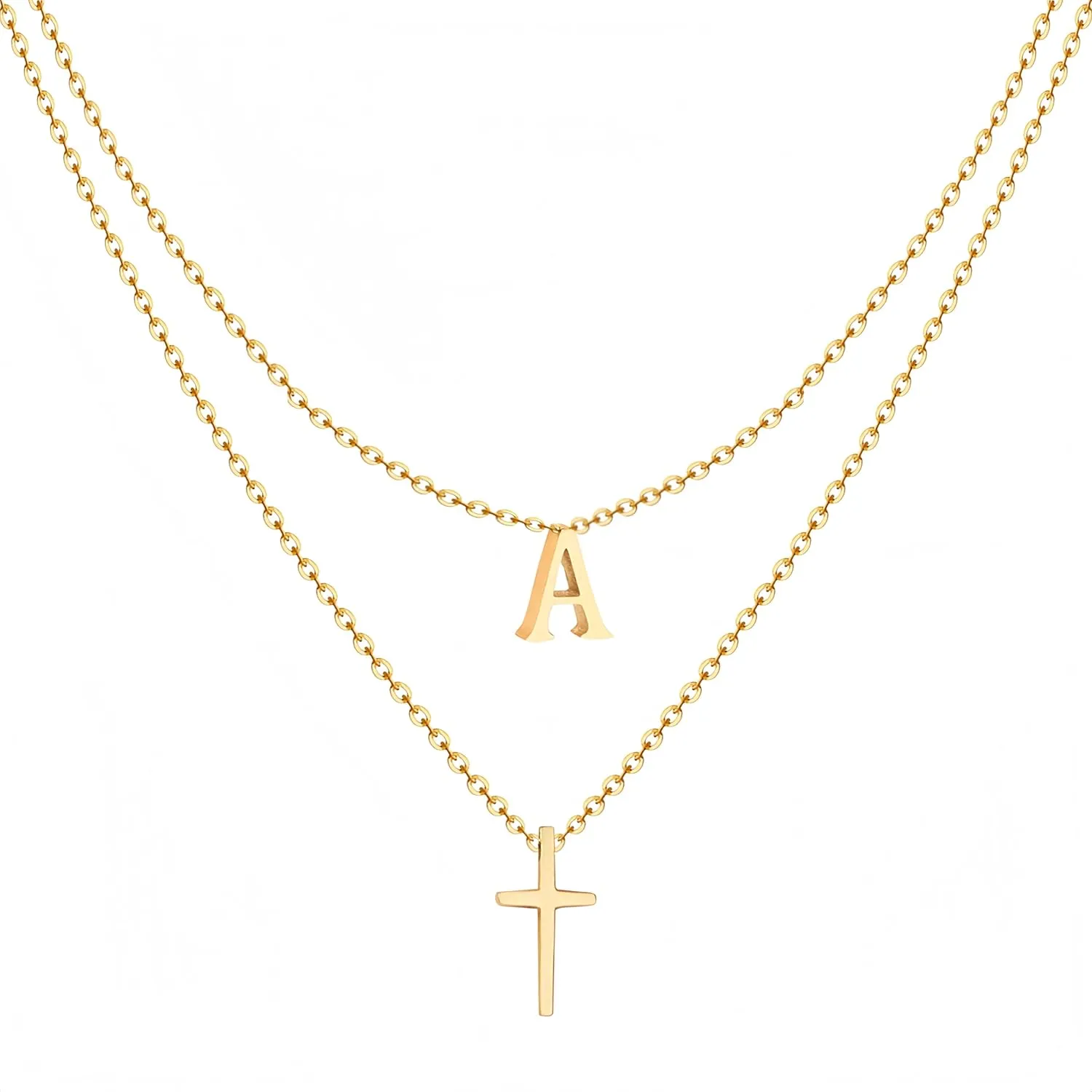 Layered Initial Necklace for Women, Fashion Cross Pendant Necklaces for Women, 18K Gold Plated Cute Letter Necklace A-Z, Hypoallergenic, Religious Christian Jewelry Birthday Gifts for Women