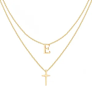 Layered Initial Necklace for Women, Fashion Cross Pendant Necklaces for Women, 18K Gold Plated Cute Letter Necklace A-Z, Hypoallergenic, Religious Christian Jewelry Birthday Gifts for Women