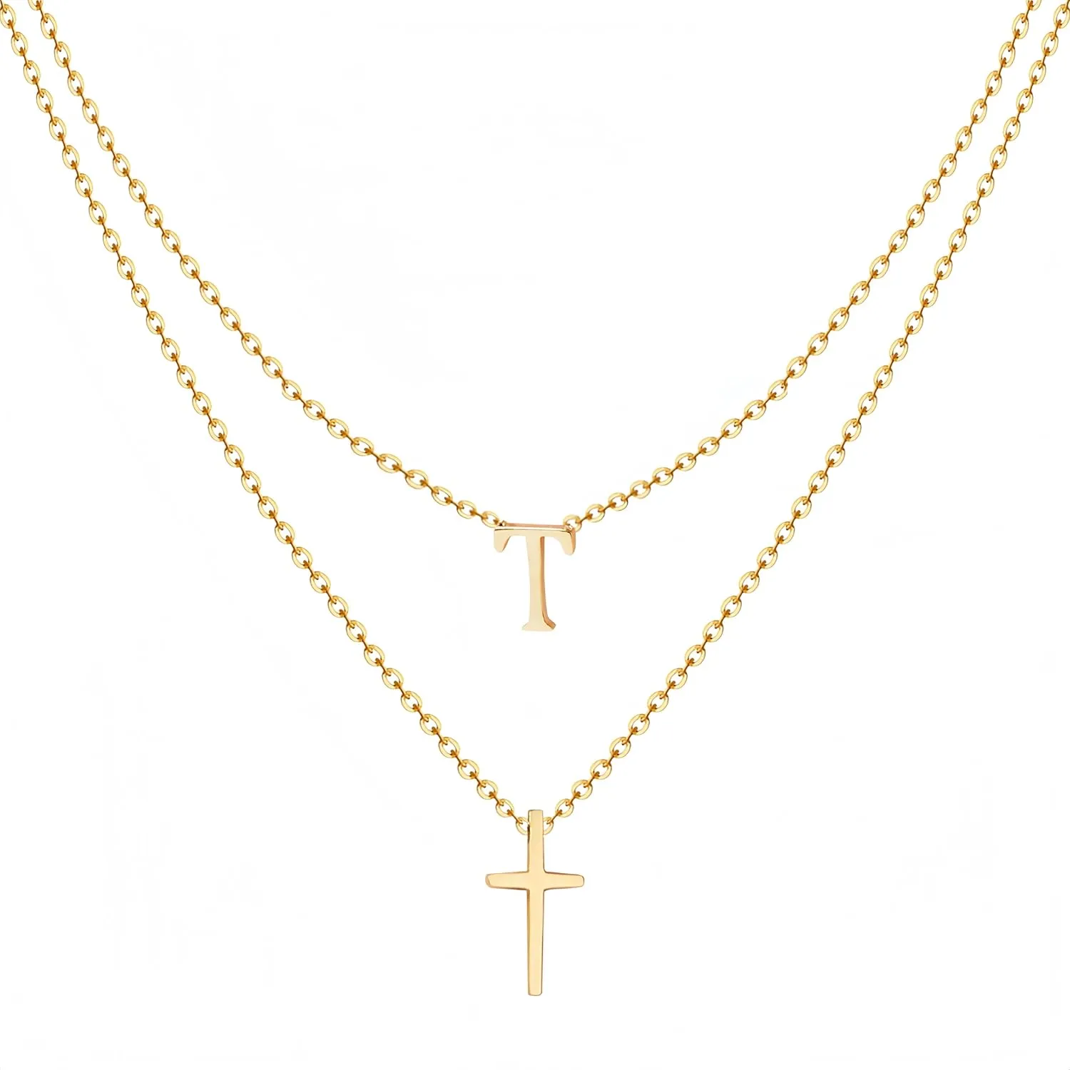 Layered Initial Necklace for Women, Fashion Cross Pendant Necklaces for Women, 18K Gold Plated Cute Letter Necklace A-Z, Hypoallergenic, Religious Christian Jewelry Birthday Gifts for Women